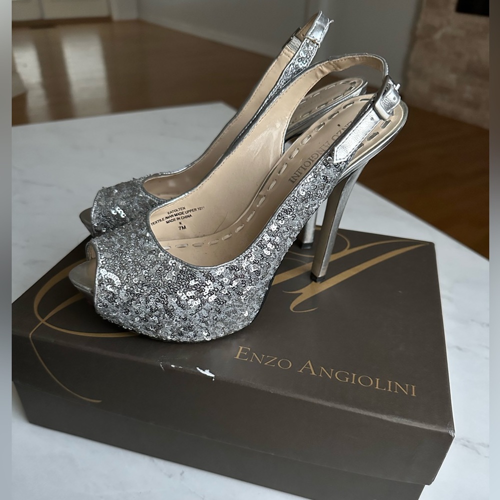 Enzo Angiolini Silver Sequin Open Toe Heels